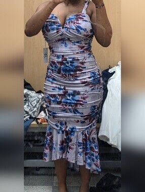 Floral Ruched Bodycon Dress in Lavender with Blue Accents